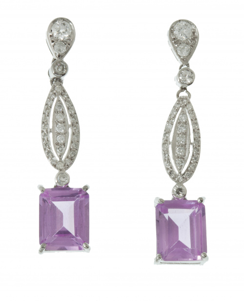 Pendientes largos con rosa de francia rectangular y brillan