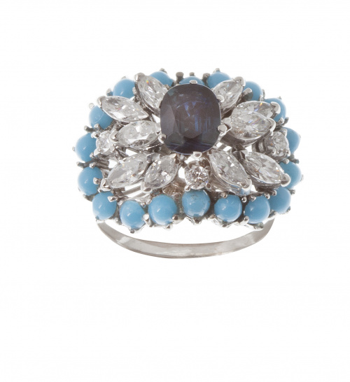 Sortija bombée años 60 con zafiro central, brillantes y dia