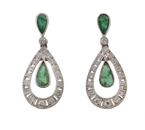 Pendientes largos estilo Art-Decó de esmeraldas y brillantes