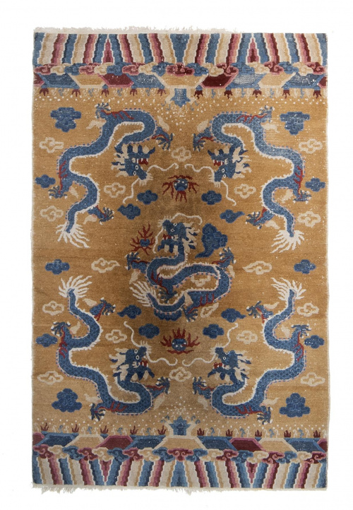 Alfombra "imperial" en lana de campo amarillo y cinco drago