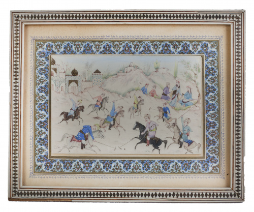 La partida de polo.Miniatura persa sobre marfil, con marc