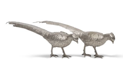 Pareja de faisanes decorativos de metal plateado, con alas 