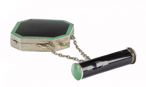 Polvera art-decó en plata y plata vermeille con esmalte ver