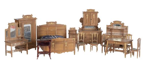 Lote de muebles de casita de muñecas de comedor y dormitori