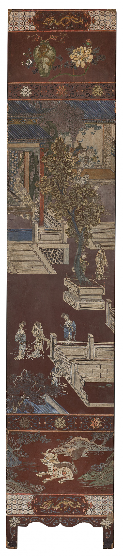 Biombo de ocho hojas en laca de coromandel."Mañana de pri