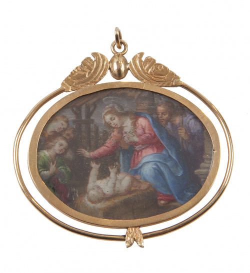 Colgante S. XVIII con miniatura sobre cobre de Virgen y San