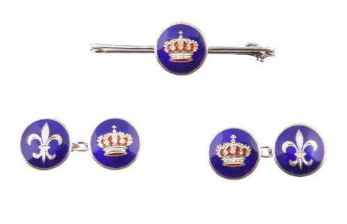 Lote de gemelos dobles y clip de corbata de esmalte, con fl