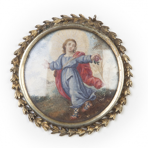 Medalla devocional con Niño Jesús y vitela en el reverso co