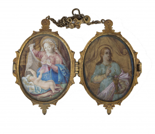 Relicario de viaje de cuatro vitrales con marco de bronce d