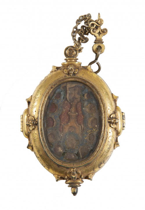 Relicario de viaje de cuatro vitrales con marco de bronce d