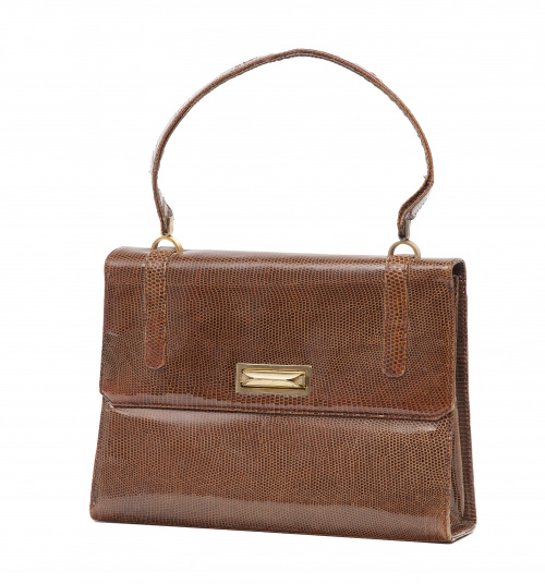 Bolso en piel de serpiente de color tabaco con asa corta