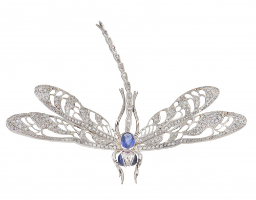Broche con diseño de libélula de diamantes con cuerpo y ojo