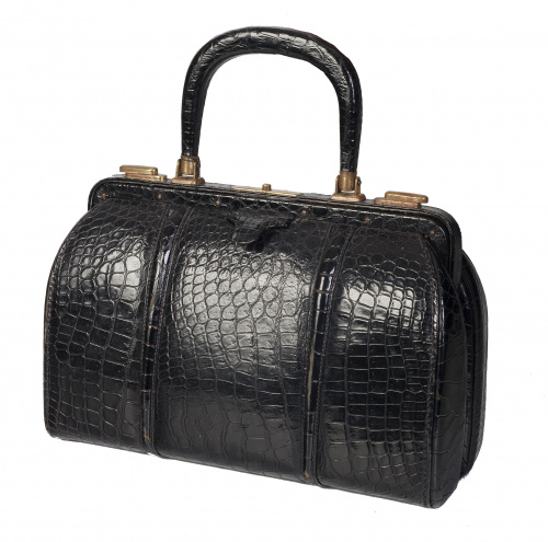 Gran bolso de piel de cocodrilo negro años 40 con asa corta