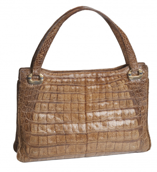 Bolso de piel de cocodrilo marrón claro con dos asas cortas