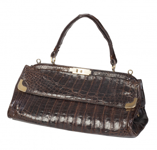 Bolso de piel de cocodrilo marrón oscuro con asa corta y as