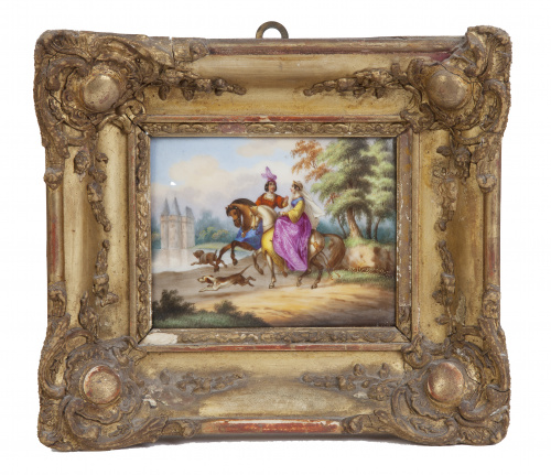 Placa de porcelana con escena galante. Con marco de mader