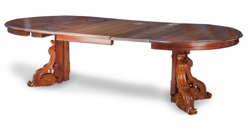 Mesa de comedor extensible de madera de caoba, pie con méns