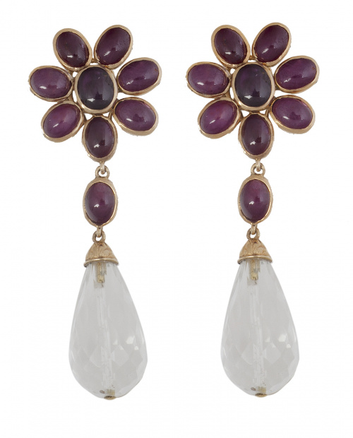 Pendientes largos con flor de cabuchones de rubíes de la qu
