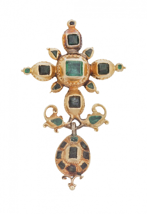 Cruz colgante de esmeraldas S.XVIII-XIX con botón colgante 