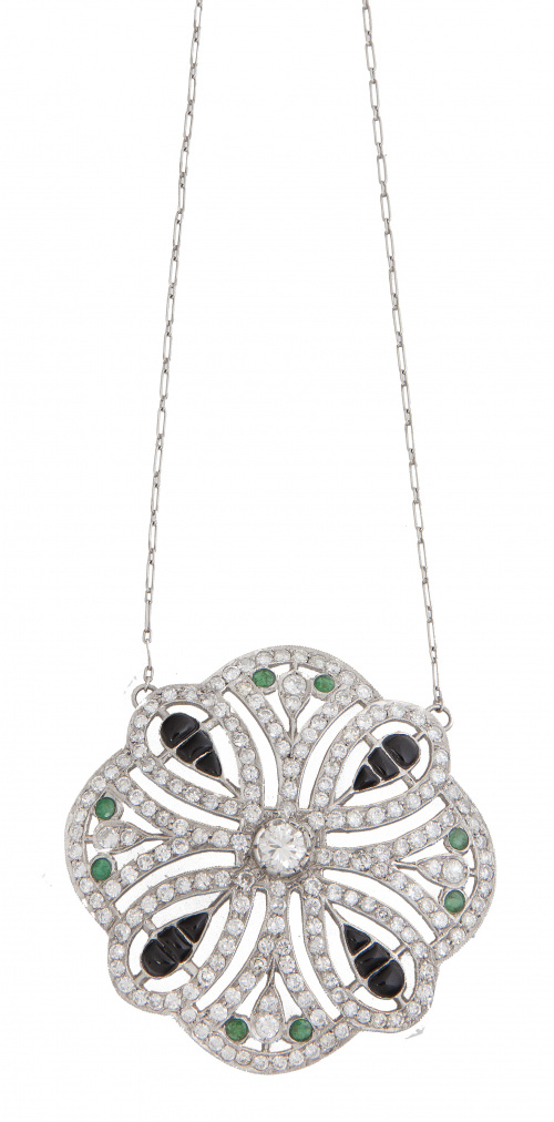 Pendentif estilo Art-Decó de brillantes, ónix y esmeraldas 
