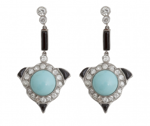 Pendientes largos estilo Art-Decó de brillantes, turquesas 
