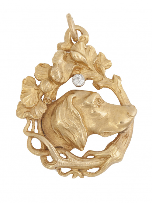Colgante Art-Nouveau con busto de perro de caza en marco de