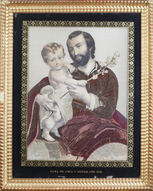 San José en bordado de hilos y grabado coloreado.Con marc