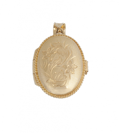 Colgante portafotos oval con flores grabadas en anverso, y 