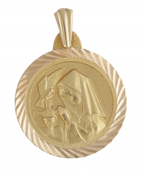 Medalla circular colgante de Virgen con cáliz y paloma