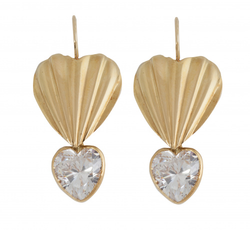 Pendientes largos con abanico de oro y colgante corazón de 