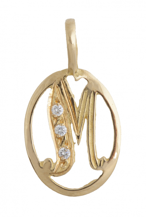 Colgante con letra "M" en cursiva con circonitas en un lado