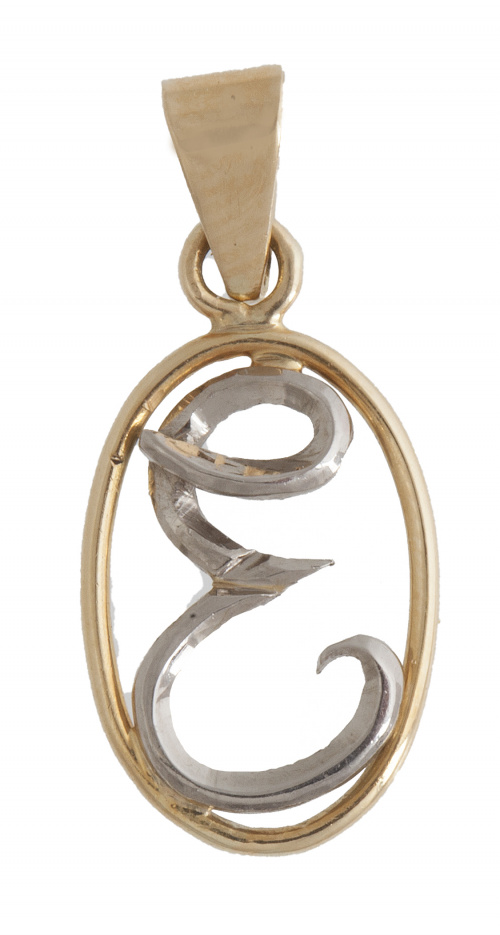 Colgante con letra "E "en cursiva en oro bicolor