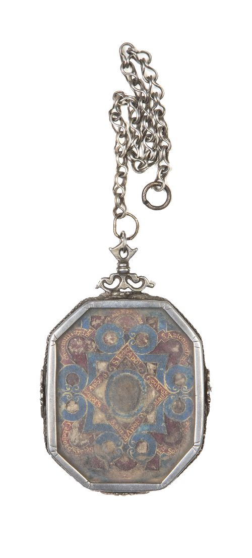 Relicario octogonal de plata, con dos viriles, contiene rel