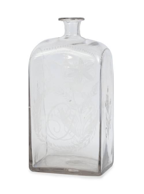 Frasca de vidrio incoloro grabado a rueda mate con corona y