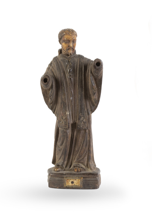 Santo de madera tallada con cabeza de marfil.Trabajo indo