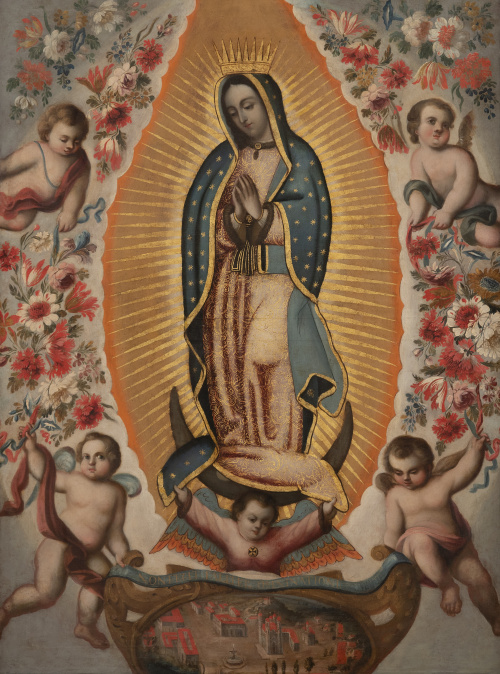 ESCUELA MEXICANA, H. 1700Virgen de Guadalupe con flores y