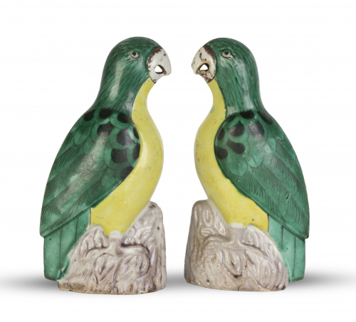 Pareja de loros de porcelana esmaltada.China, dinastía Qi