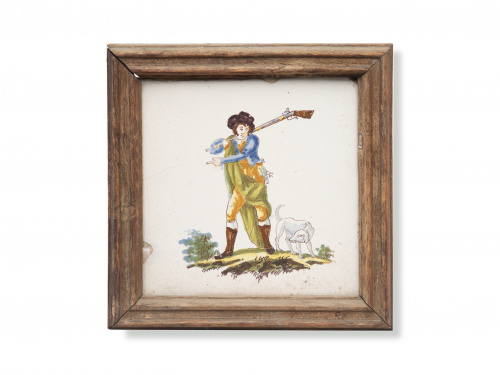 Cazador con perro.Azulejo de cerámica esmaltada.Alcora,