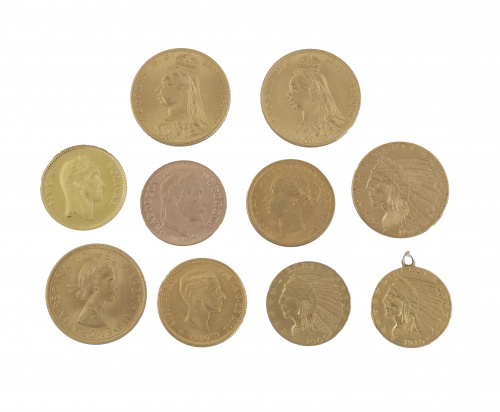 Conjunto de diez monedas de oro de varios países y épocas