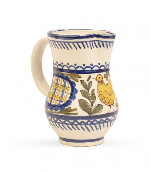 Jarro de cerámica esmaltada con pajarito.Manises, mediado