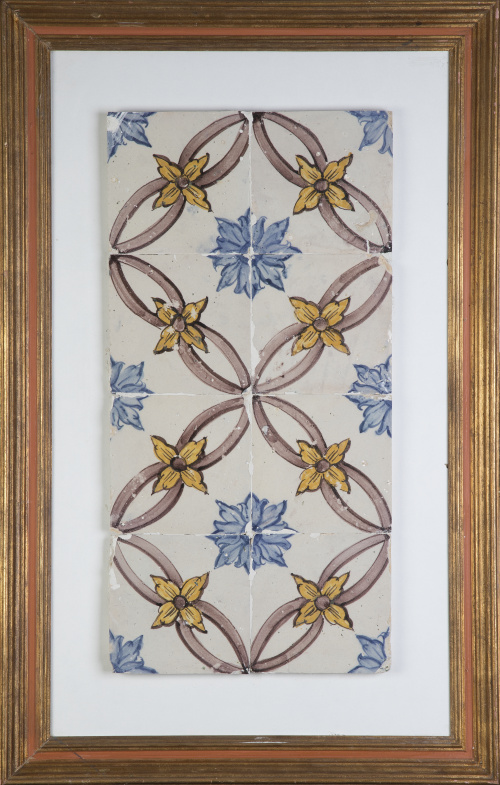 Panel de ocho azulejos en cerámica esmaltada en azul cobalt