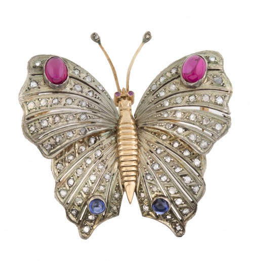 Broche años 40 en forma de mariposa, cuajado de diamantes y