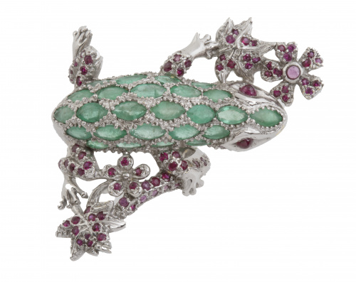 Sortija con gran salamandra de esmeraldas y rubíes