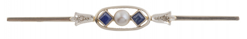 Broche barra Art-Decó con perla fina central, entre dos rom