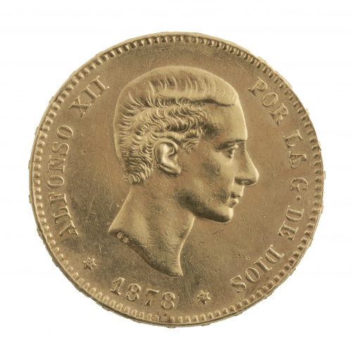 Moneda de 25 pesetas de oro de Alfonso XII. 1878. DE.M.