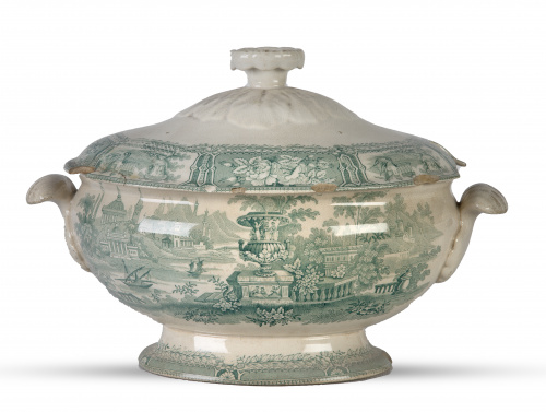 Sopera con tapa en loza estampada en verde.Sargadelos, te