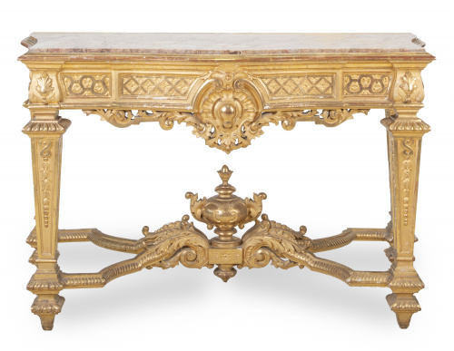 Pareja de consolas en madera tallada y dorada, de estilo Lu
