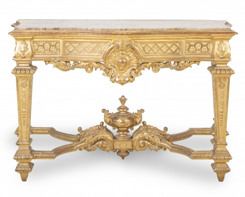 Pareja de consolas en madera tallada y dorada, de estilo Lu