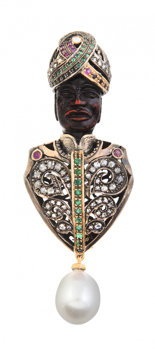 Broche de morito con diamantes, esmeraldas, rubíes, un bril