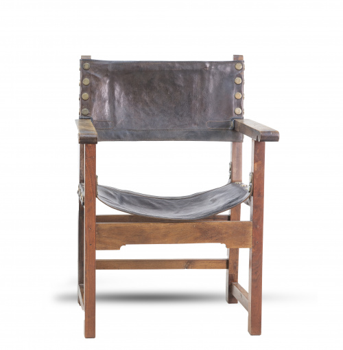 Frailero de madera de nogal con asiento y respaldo de piel 